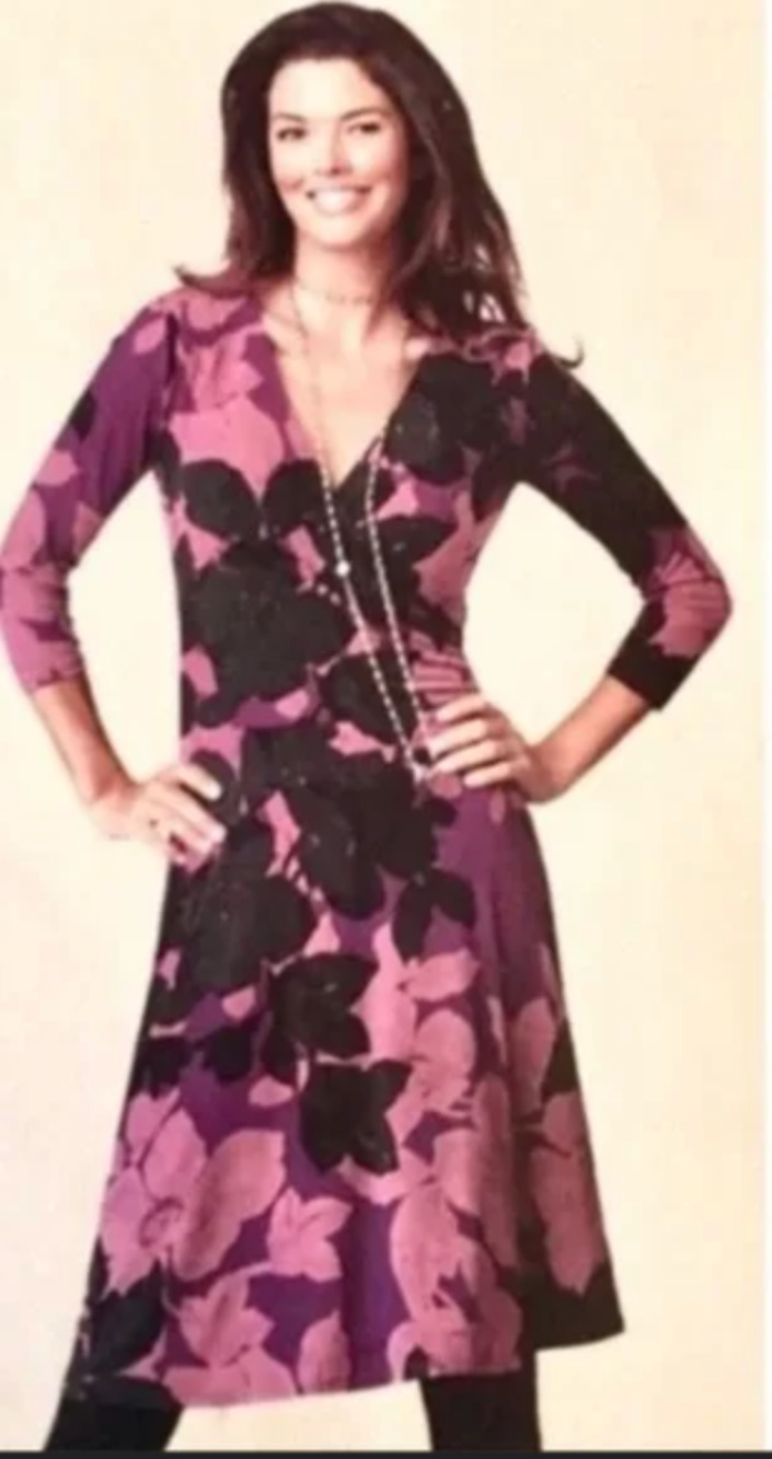 Cabi Purple Floral Faux Wrap Long Sleeve Dress